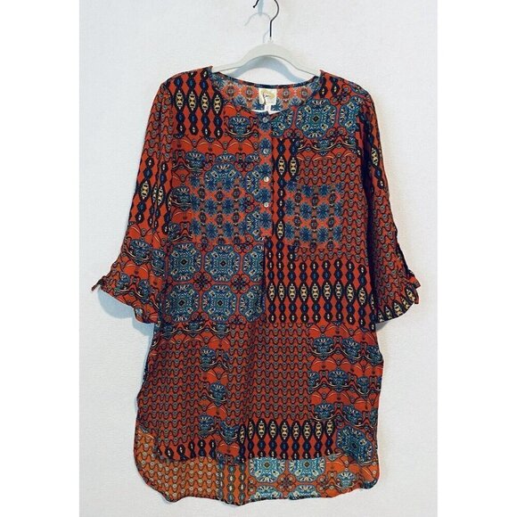 Anthropologie Fig Flower Top Womens Large Red Boho Print Henley Tunic Peasant - Picture 1 of 9
